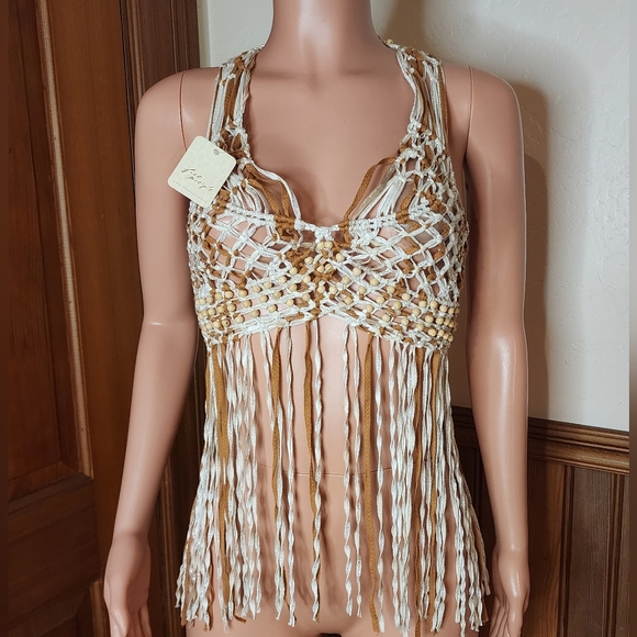 NWT Free People Bali Coral Macrame Top Gold Lurex Combo Size XL - Picture 1 of 10
